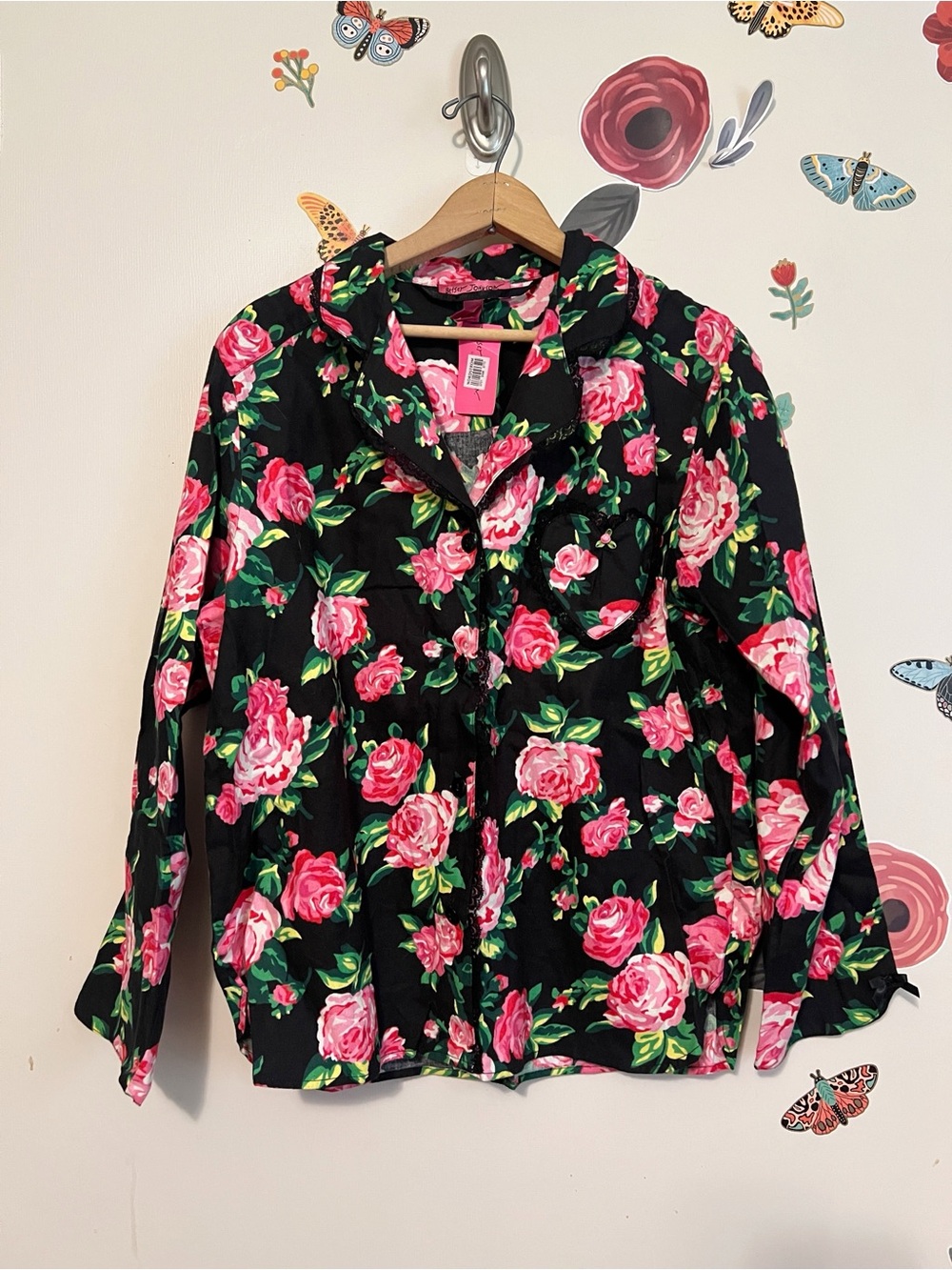 Betsey Johnson Flannel Pajama Top with Heart Pocket & Pink Rose Print